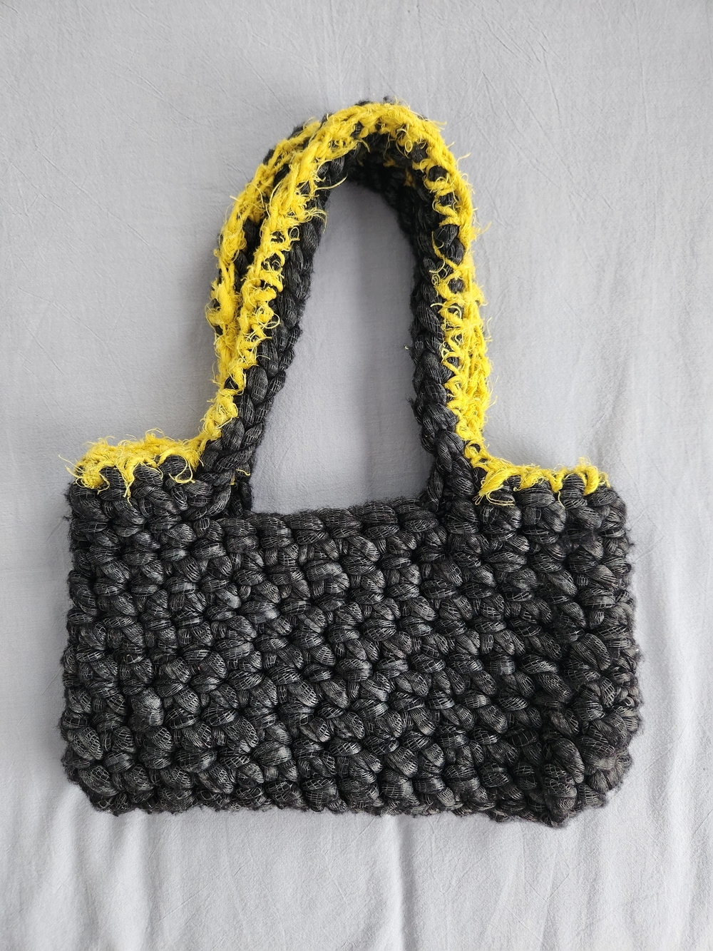 Hand Crocheted Charcoal and Yellow Funky Crocheted Shoulder Bag